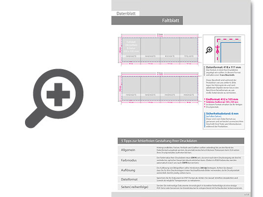 Product Bild faltblatt__gefalzt_auf_quadrat_10_5_cm_x_10_5_cm__8-seiter_(wickelfalz)__beidseitig_bedruckt_(4_4_farbig_+_1_sonderfarbe_hks)