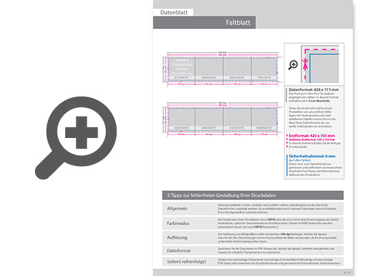 Product Bild faltblatt__gefalzt_auf_quadrat_10_5_cm_x_10_5_cm__8-seiter_(zickzackfalz)__beidseitig_bedruckt_(4_4_farbig_+_1_sonderfarbe_hks)