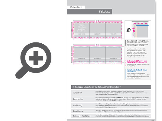 Product Bild faltblatt__gefalzt_auf_quadrat_21_0_cm_x_21_0_cm__6-seiter_(wickelfalz)__beidseitig_bedruckt_(4_4_farbig_+_1_sonderfarbe_hks)
